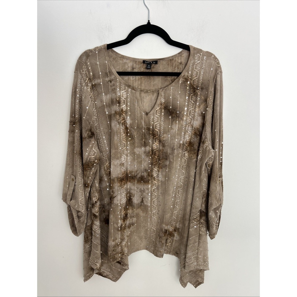 Sami & Jo Women's XL Caramel Brown Tie-Dye Sparkles Rolled Up Sleeve Gold Chain